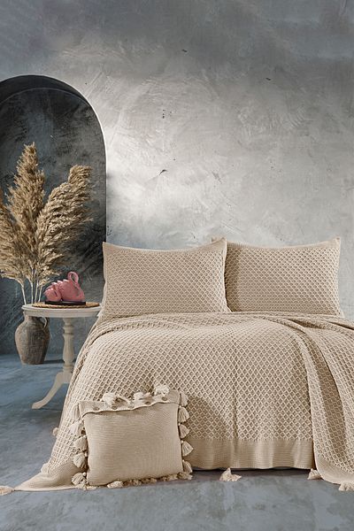 DOUX HOME طقم سرير تريكو مزدوج من كلفن مقاس 240 × 260 سم حجر