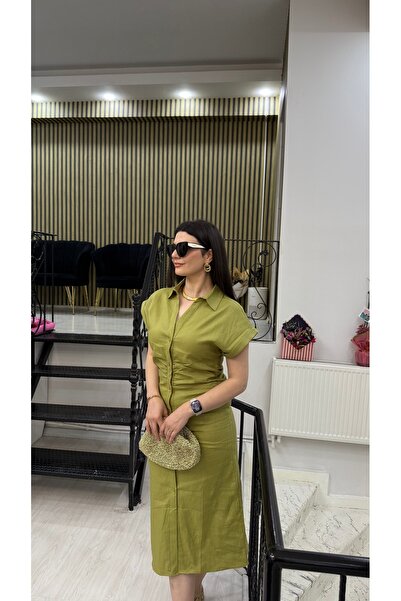 Butik Yeşil organik keten düğmeli belden büzgülü uzun elbise