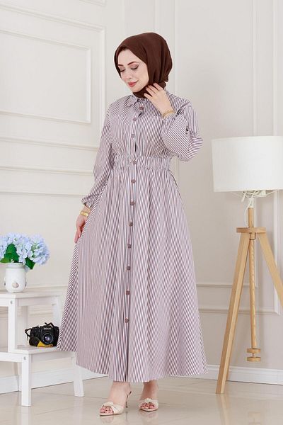 Sevitli Buttoned Striped Dress-Brown