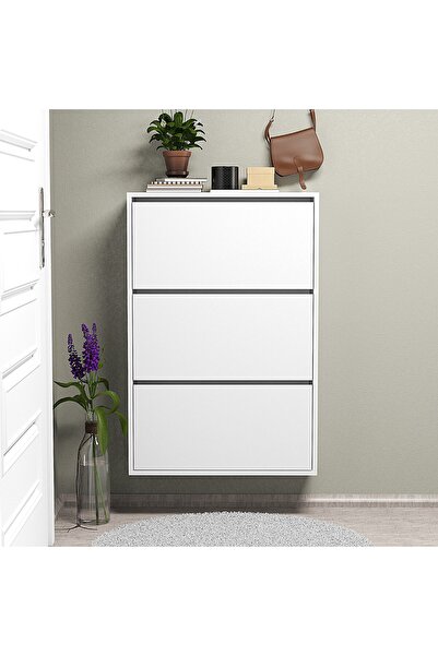 ROEWOOD Düşer Kapak Ayakkabılık 3 Bölmeli Kayar Raflı Beyaz Dşr Kpk Ayakkabılık