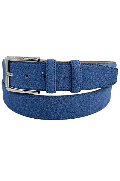 Süzer Deri Синій замшевий штучний шкіряний класичний ремінь з прошитим швом 4 см - 7400-805