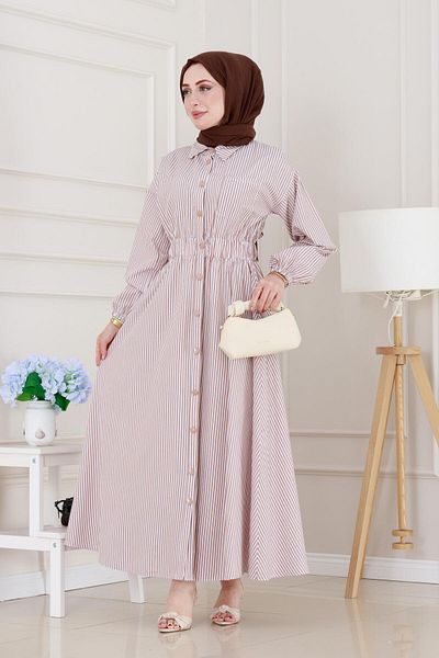 Sevitli Buttoned Striped Dress-Mink