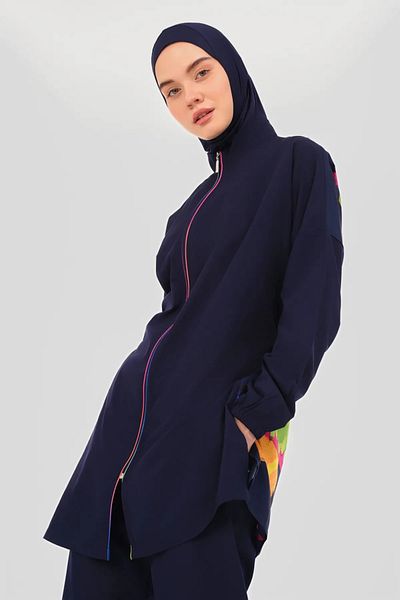Bordomix 24201 Women's Navy Blue Back Patterned Hijab Swimsuit