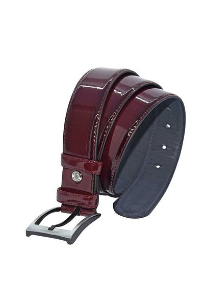 Süzer Deri Claret Red Patent Leather Faux Leather Stitched 4 Cm Classic Belt - 7400-97
