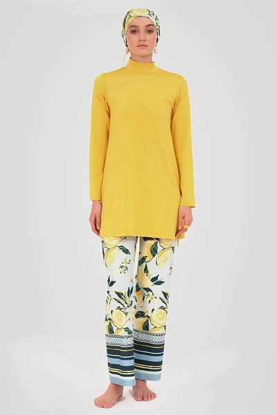 Bordomix 24606 Women's Yellow Lemon Patterned Long Hijab Swimsuit