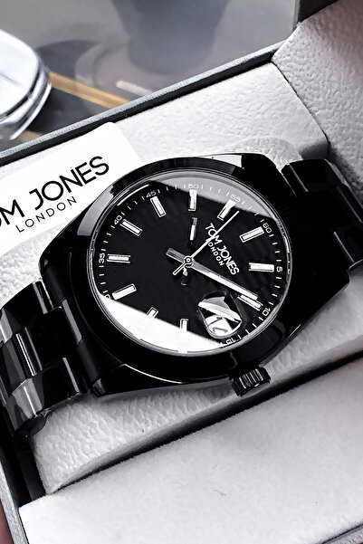 Tom Jones ساعة يد رجالية 3 ATM مقاومة للماء لون أسود وحزام فولاذي