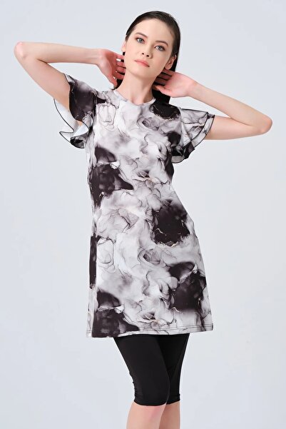 Bordomix 23731 Women's Black Patterned Sleeve Ruffle Detailed Short Sleeve Semi Covered Swimsuit