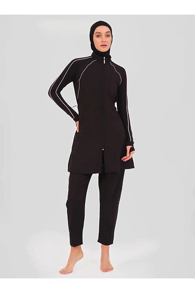 Bordomix 24400 Women's Black Hijab Swimsuit with Piping Detail