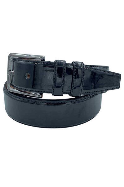 Süzer Deri Black Patent Leather Faux Leather Plain Model Stitched 3.5 Cm Classic Belt - 8001-flat-22k-e