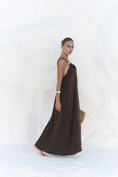 MAİ COLLECTİON Kasteli Bead Detail Brown Dress