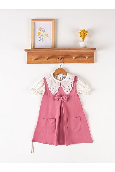 By Cwhr 100% Cotton Scallop Collar Bow Pocket Short Sleeve Summer Girl's Dress Girl's Eid Dress