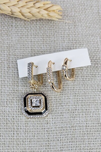 Petalia Siyah Mineli Kare Üçlü Küpe Seti