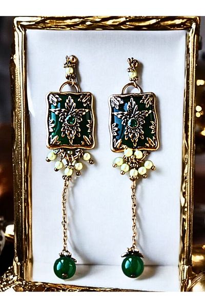MIRADA JEWELRY Bohemian Design Green Earrings with Antique Detail