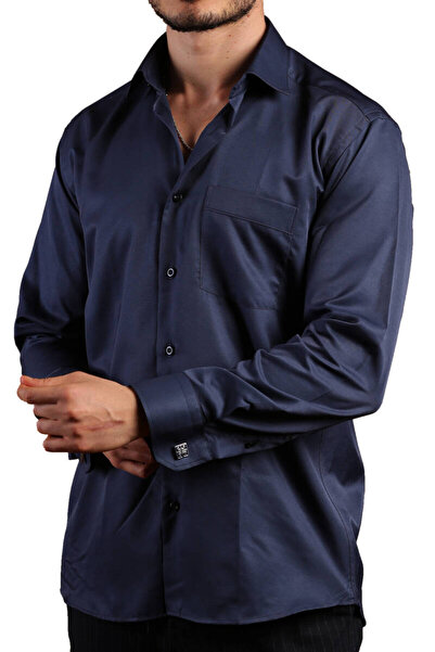 Dicotto Ανδρικό πουκάμισο με κανονική εφαρμογή σε μπλε Navy Plus Size Loose Cut Micro υφασμάτινα μανικετόκουμπα - 190-12