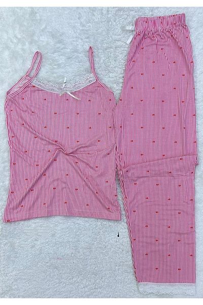 XORVİO Women's Cotton Rope Strap Nightgown Pajama Suit Lace Detailed Stylish Summer Soft Pink