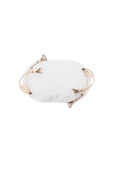 Dania tray and dish made of natural marble with golden metal side handles - 32*20 cm size