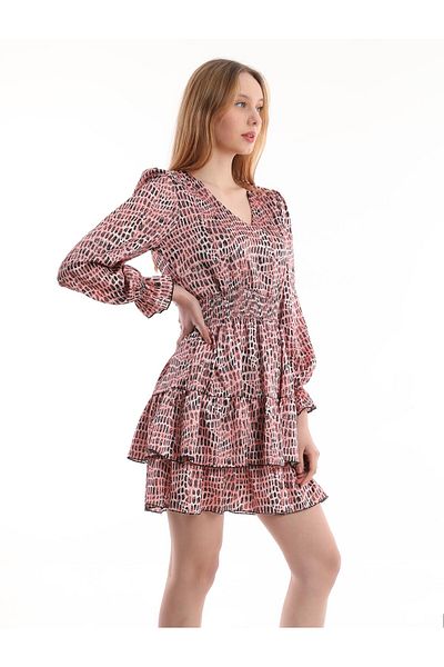 Miss Allos Dress Mini Length Ruffled Satin Fabric Lined V-Neck Dress