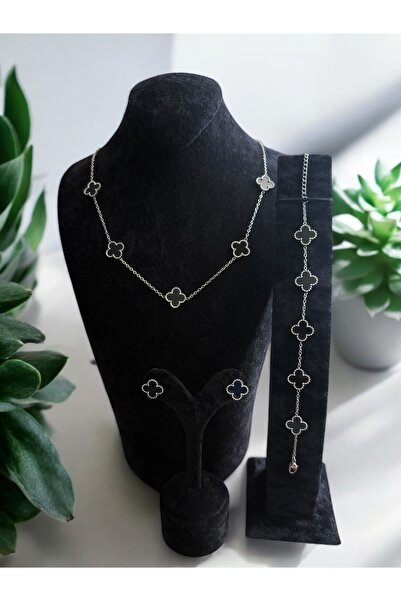 Constanza Exclusive Siyah Yapraklı Yonca Çelik Bileklik Seti Cns093 093