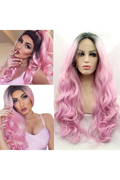 Muchmy Long Shiny Pink Synthetic Wig For Women With Inner Cap Girls Party Easywear Wavy Hair Wigs