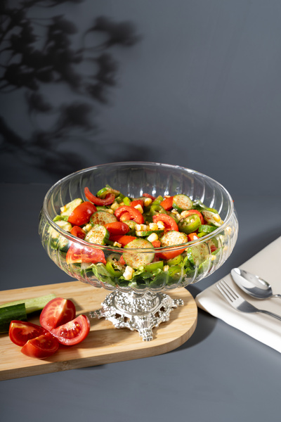 Skygo El Yapımı Ayaklı Gümüş Cam Salata Kasesi – Büyük Boy 22 cm , Şık Sunum ve Dekoratif Tasarım