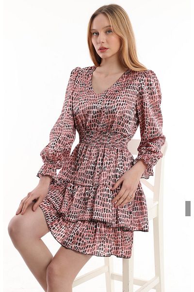 Miss Allos Dress Mini Length Ruffled Satin Fabric Lined V-Neck Dress