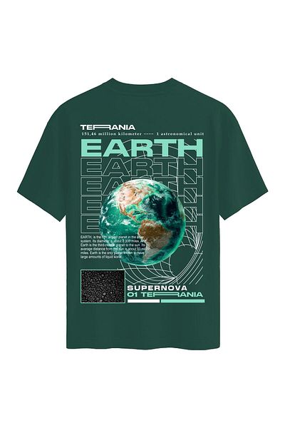 SOFTWAY Unisex Crew Neck 100% Organic Cotton Thick Textured Earth Printed Oversize T-Shirt - Dark Green