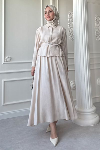 InStyle Ecru Suit with Slim Belted Skirt