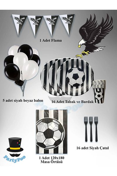 PartyPoo 16 Person Black and White Football Fan Birthday Set – Eco Party Supplies Decor Set