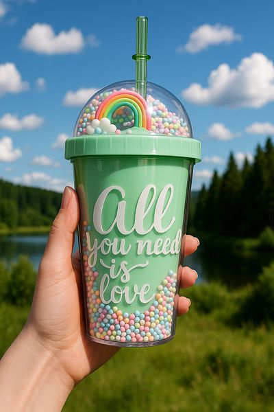 MİS KİTCHEN Glitter Sequin Glass Double Walled Glass with Straw Lid Water Bottle 450 ml Mica Glass