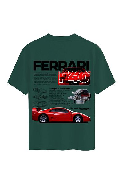 SOFTWAY Unisex Crew Neck 100% Organic Cotton Thick Textured Ferrari F40 Printed Oversize T-Shirt - Dark Y