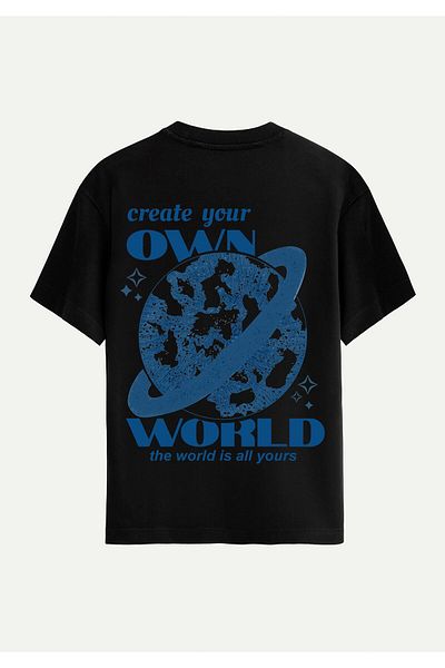 SOFTWAY Unisex Crew Neck 100% Organic Cotton Thick Textured Own World Printed Oversize T-Shirt - Black