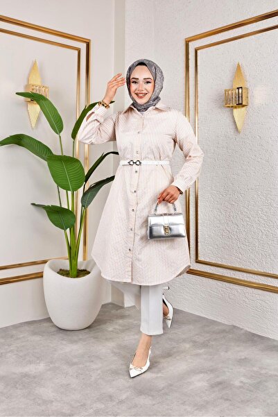 HARMAN BUTİK Belted Striped Linen Shirt