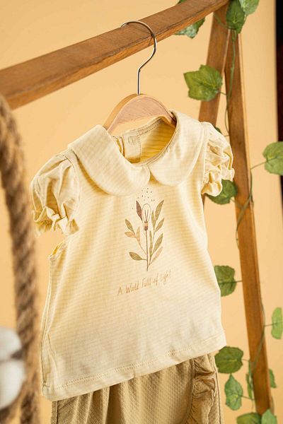 bombe Baby Kids Girl Beige Bebe Collar Cotton Shorts Set 2 Pieces Trend Fashion Bottom Top Set