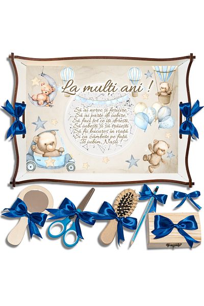 OEM Teddy Bear, Mot Tray Set for Boys, 24x32cm, White Color, Blue Bows