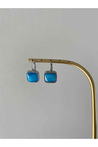 marsel aksesuar Steel Square Blue Stone Silver Earrings