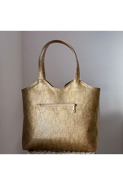 OEM Geanta Dama , Shopper, Piele naturala, Aurie, Tip sarpe , Lucrata Manual