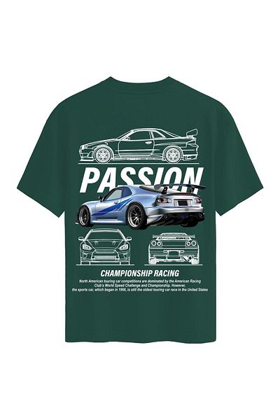 SOFTWAY Unisex Crew Neck 100% Organic Cotton Thick Textured Passion Printed Oversize T-Shirt - Dark Green