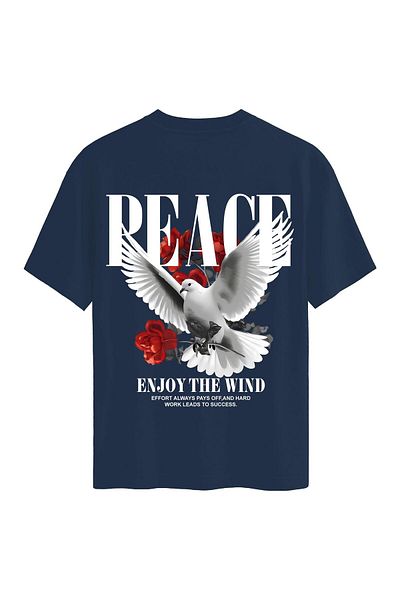 SOFTWAY Unisex Crew Neck 100% Organic Cotton Thick Textured Peace Printed Oversize T-Shirt - Dark Blue