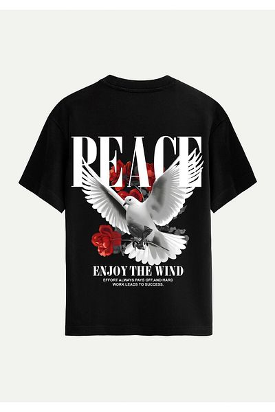 SOFTWAY Unisex Crew Neck 100% Organic Cotton Thick Textured Peace Printed Oversize T-Shirt - Black