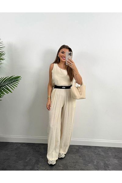 Afiş Butik Stone Color Modal Fabric Elastic Waist Embroidered Set