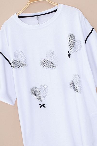 Cansın Mini Ecru Sleeve Stripe Detailed Sequined Girl's Oversize T-Shirt 20812