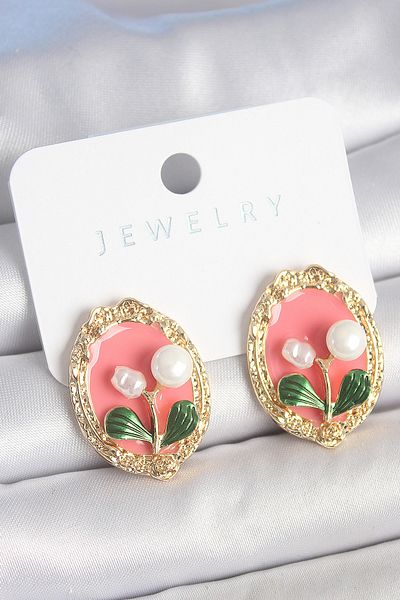 Skygo Brass Gold Color Pink Enamel Pearl Flower Embroidered Portrait Model Women's Earrings - Tj-Bkp10500