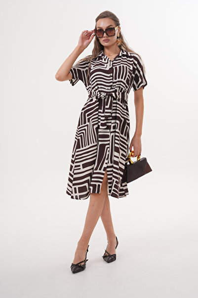 NAVY Midi Length Buttoned Short Sleeve Shirt Collar Dress with Belt