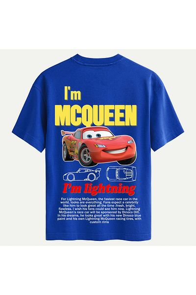 SOFTWAY Unisex Crew Neck 100% Organic Cotton Thick Textured Mcqueen Printed Oversize T-Shirt - Saks Blue
