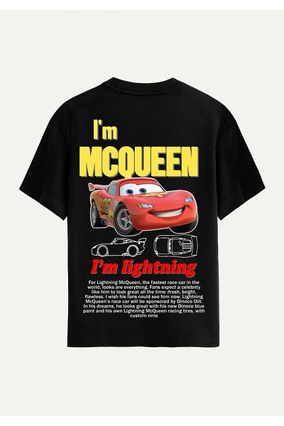 SOFTWAY Unisex Crew Neck 100% Organic Cotton Thick Textured Mcqueen Printed Oversize T-Shirt - Black