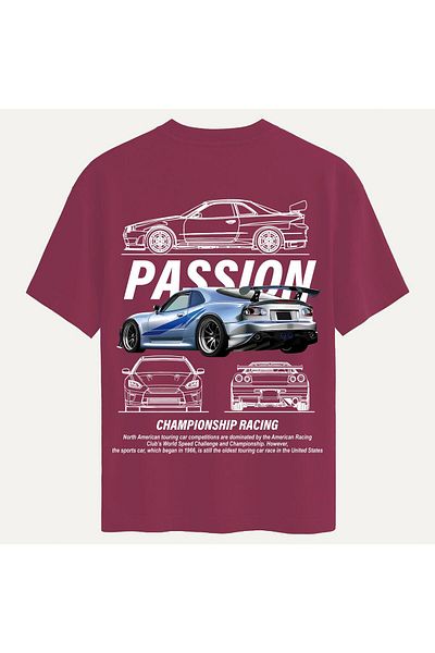 SOFTWAY Unisex Crew Neck 100% Organic Cotton Thick Textured Passion Printed Oversize T-Shirt - Claret Red
