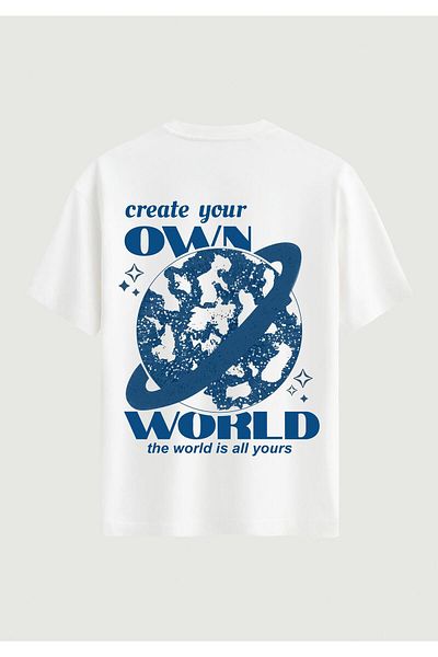SOFTWAY Unisex Crew Neck 100% Organic Cotton Thick Textured Own World Printed Oversize T-Shirt - White