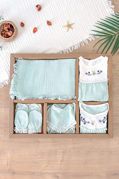 Sitilin Baby Girl Newborn Muslin Green 10-Piece Luxury Hospital Release Bodysuit Set Stl6990