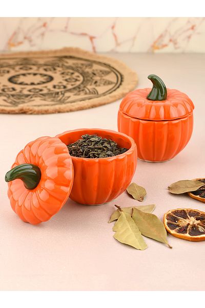 Akkoyunlu home Ceramic Set of 2 Orange Pumpkin Sugar Bowl Presentation Set