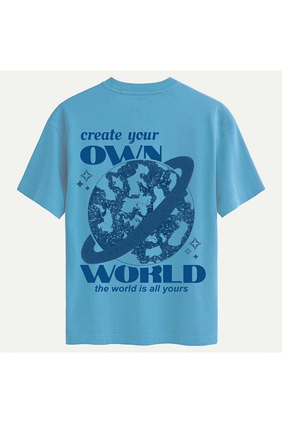 SOFTWAY Unisex Crew Neck 100% Organic Cotton Thick Textured Own World Printed Oversize T-Shirt - Blue